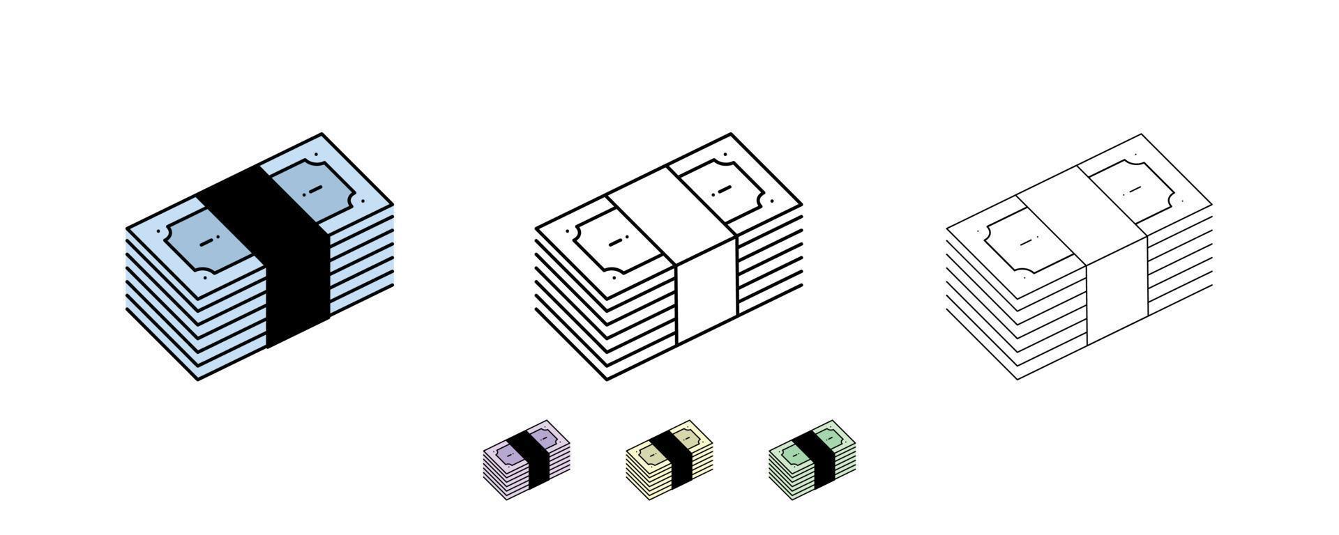 se utiliza en web y diseños en áreas como transferencia de dinero, retiro de dinero, depósito. icono de papel moneda cerrado. alternativamente, se han añadido diferentes colores. símbolos de diferente grosor. vector