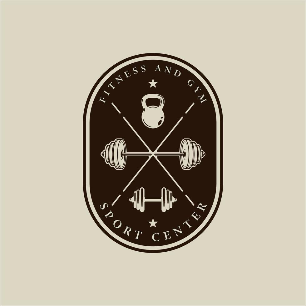 Barbell y Kettlebell emblema logo vector vintage ilustración plantilla icono diseño gráfico. signo de gimnasio o fitness o símbolo para el deporte de negocios con placa y tipografía retro