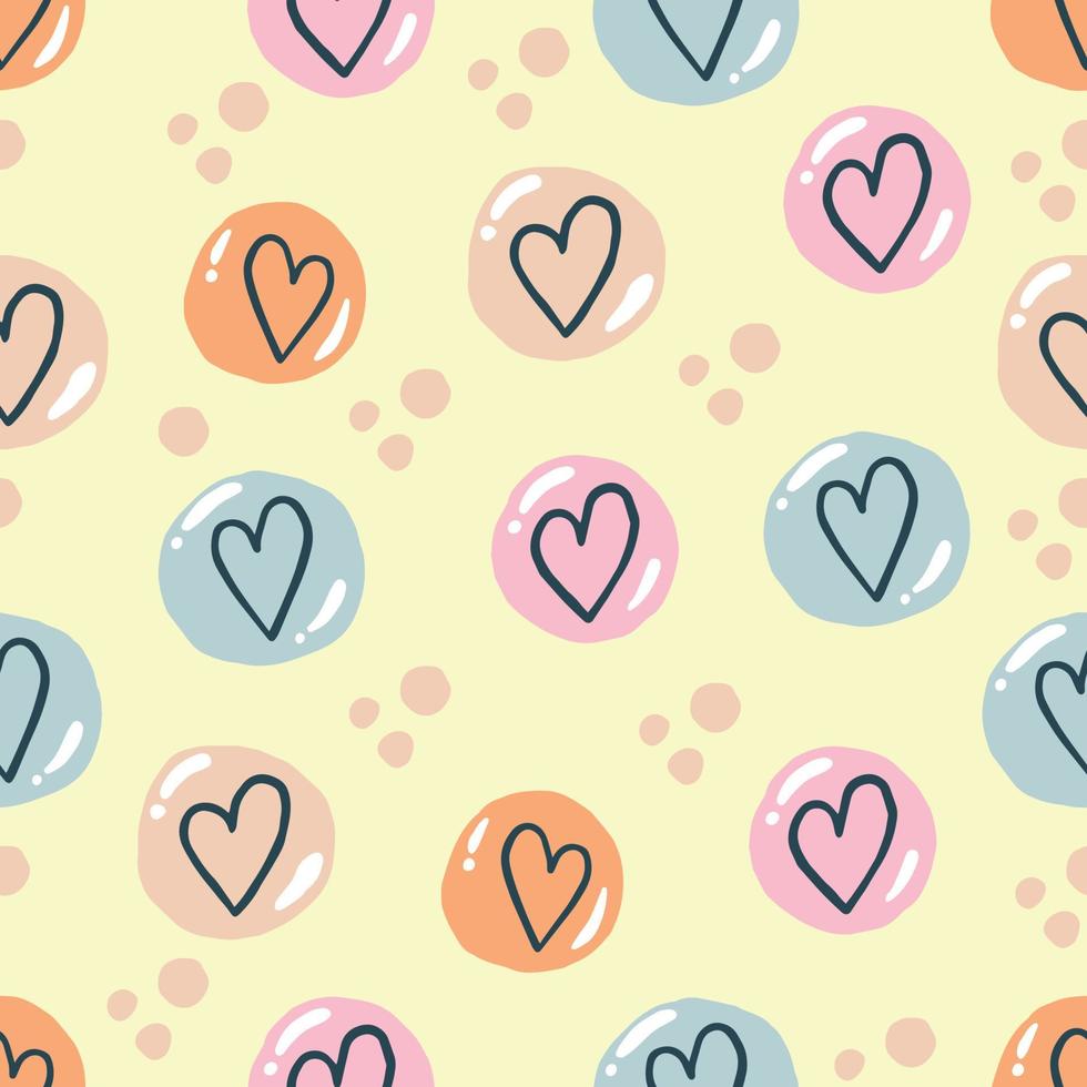 Hand drawn seamless pattern of color bubbles with hearts on yellow background. vector