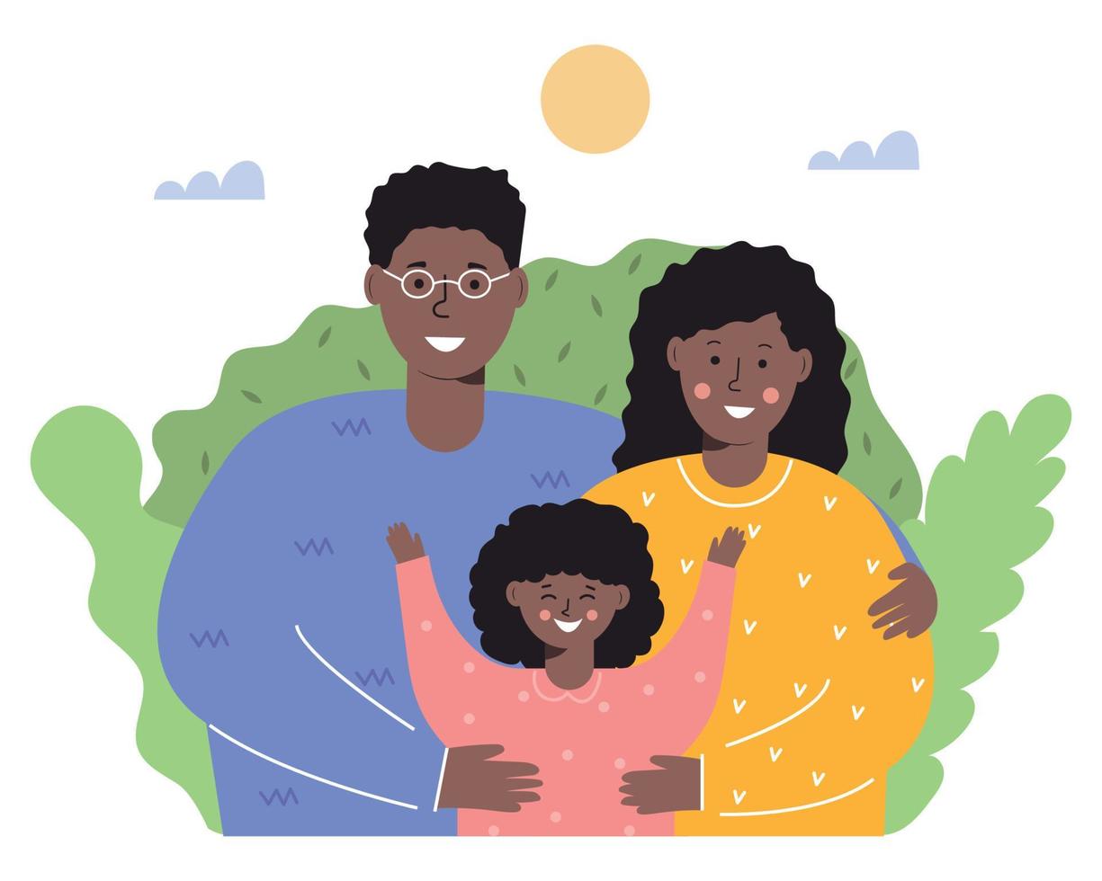 feliz familia afroamericana. padre, madre e hija. ilustración moderna plana. vector