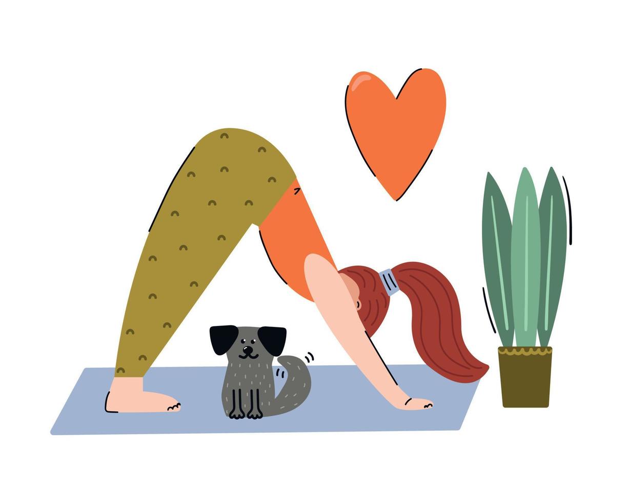 Hand drawn girl standing in yoga pose on rug, potted plant is next to her, happy dog is sitting next to her. Sport with love concept. vector