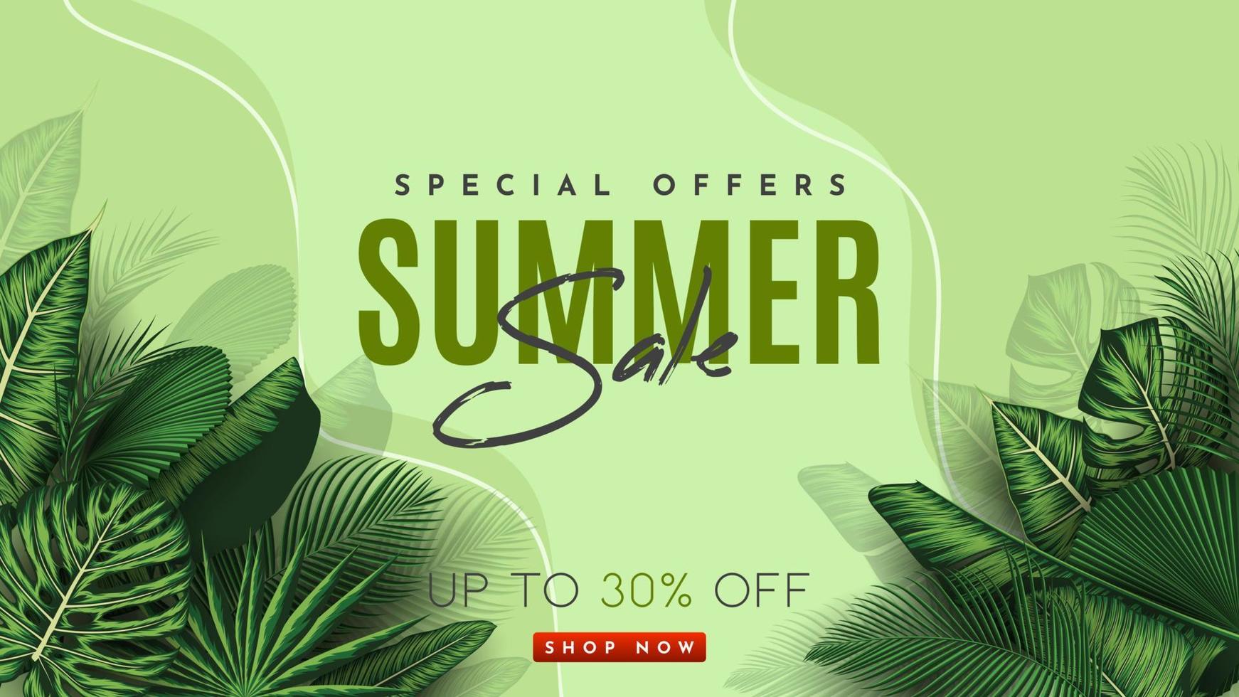 Summer Sale Banner With Tropical Leaves Background. Vector Illustration
