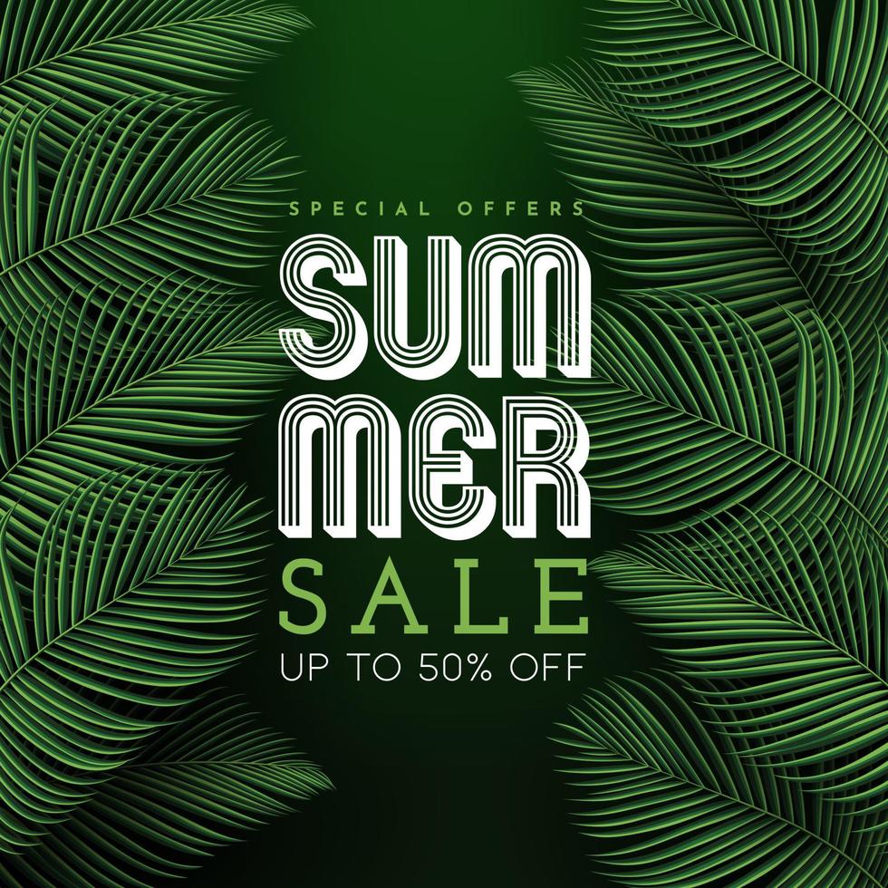 Summer Sale Banner With Tropical Leaves Background. Vector Illustration