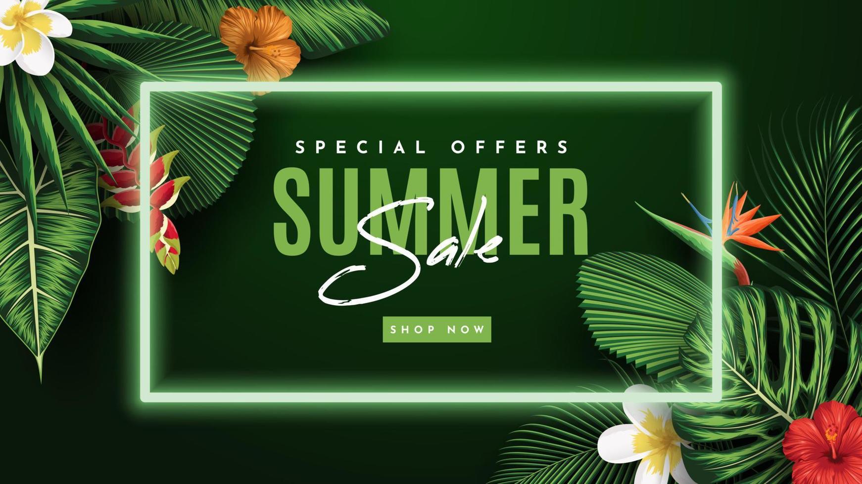 Summer Sale Banner With Tropical Leaves Background. Vector Illustration