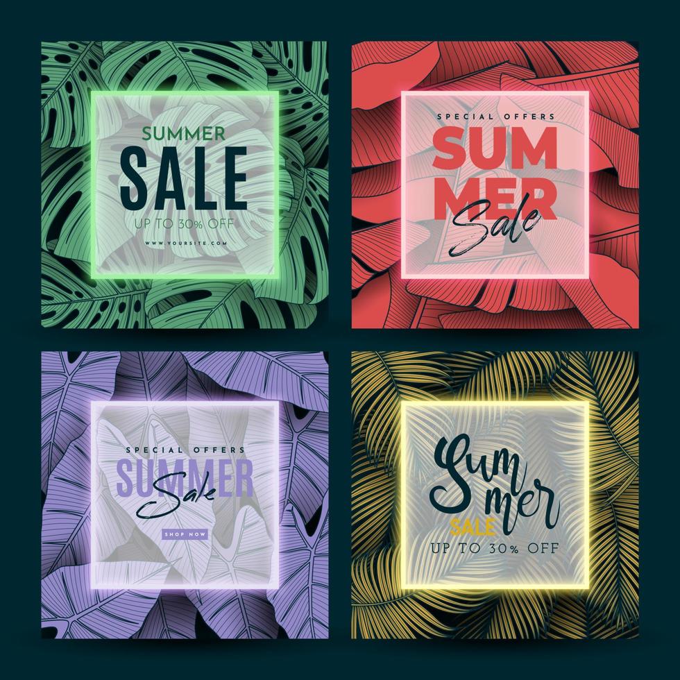 banner de venta de verano con fondo de hojas tropicales. ilustración vectorial vector