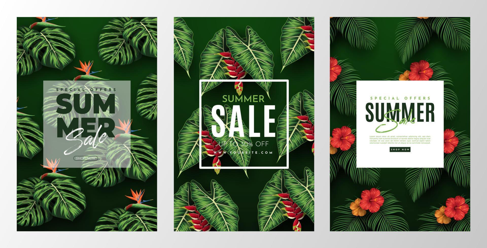 Summer Sale Banner With Tropical Leaves Background. Vector Illustration