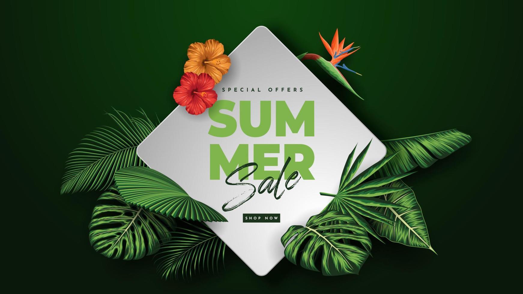 banner de venta de verano con fondo de hojas tropicales. ilustración vectorial vector