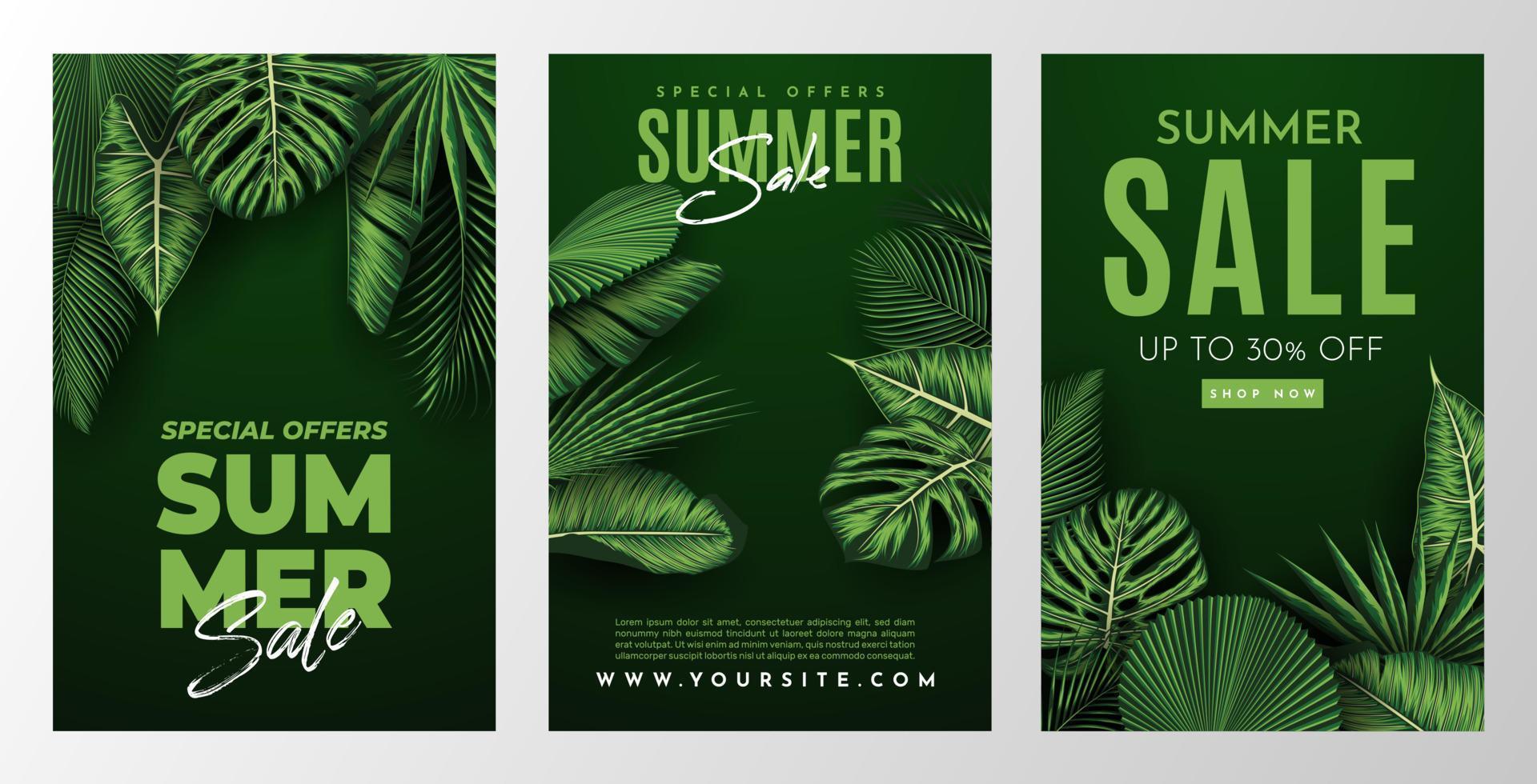 banner de venta de verano con fondo de hojas tropicales. ilustración vectorial vector