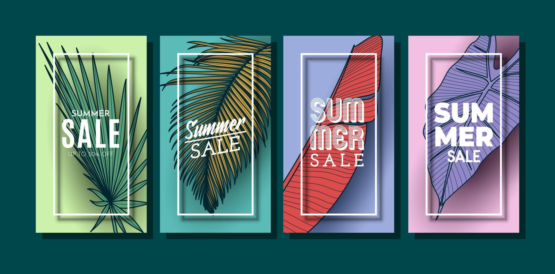 Summer Sale Banner With Tropical Leaves Background. Vector Illustration