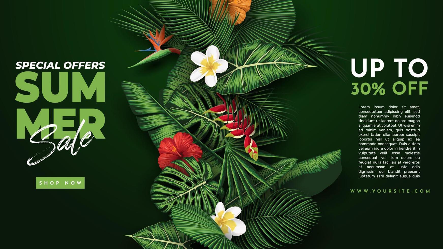 Summer Sale Banner With Tropical Leaves Background. Vector Illustration