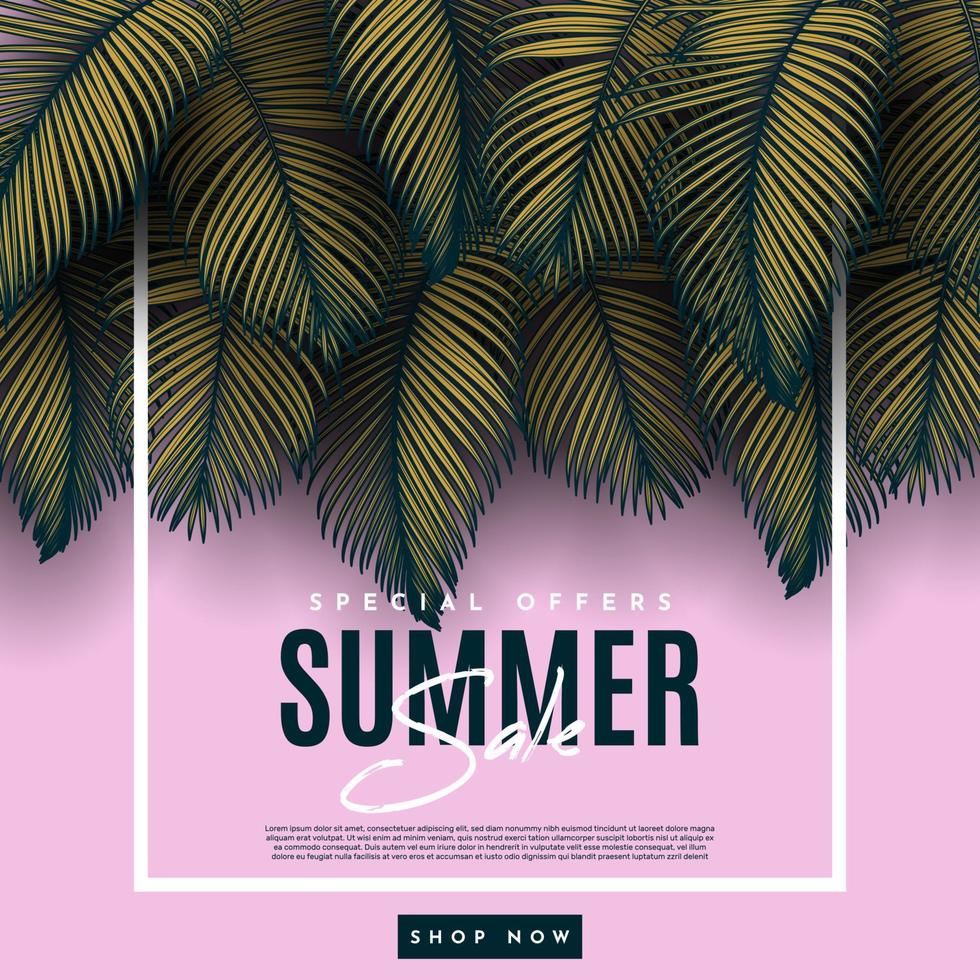 Summer Sale Banner With Tropical Leaves Background. Vector Illustration
