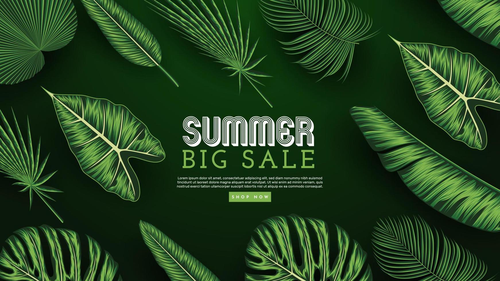 Summer Sale Banner With Tropical Leaves Background. Vector Illustration