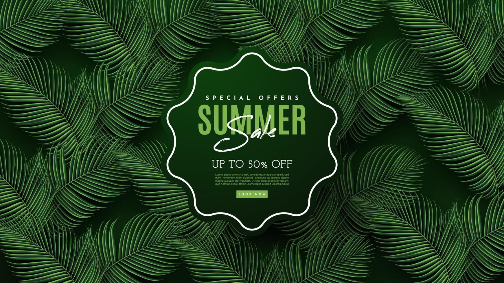 Summer Sale Banner With Tropical Leaves Background. Vector Illustration
