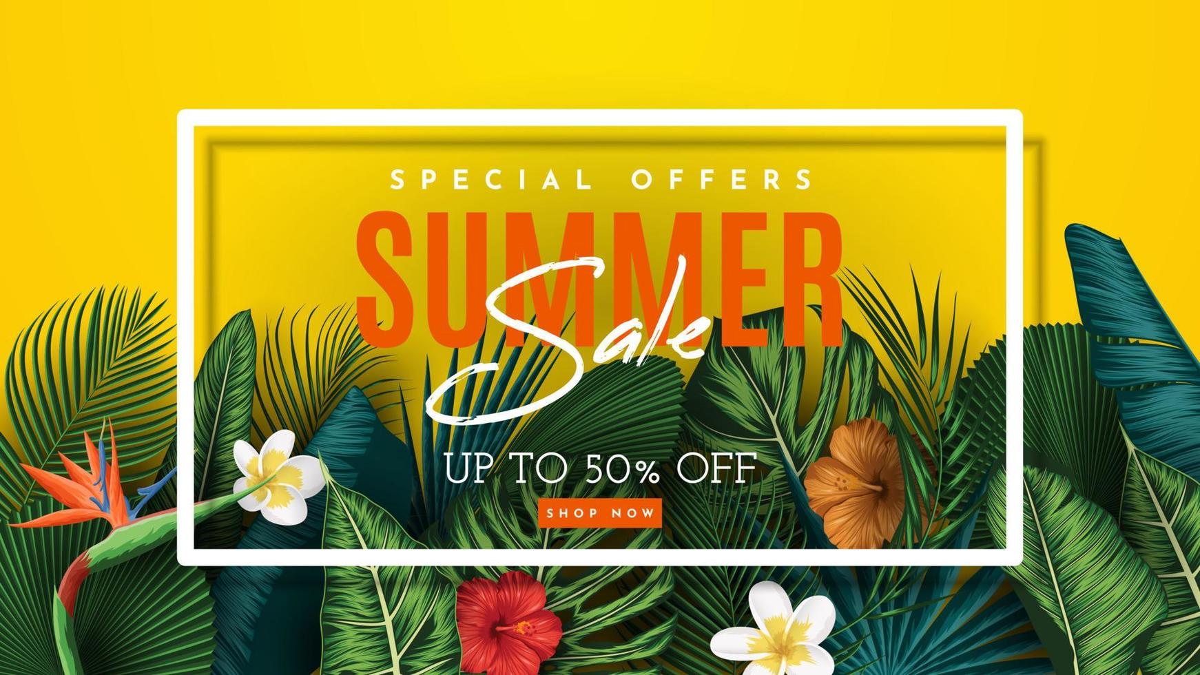 Summer Sale Banner With Tropical Leaves Background. Vector Illustration