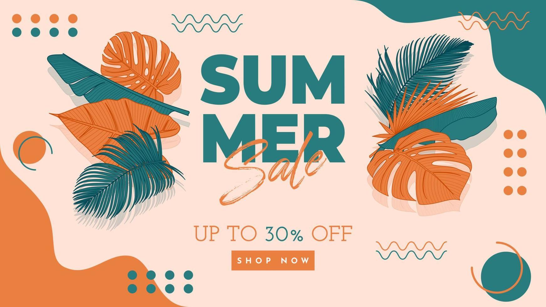 Summer Sale Banner With Tropical Leaves Background. Vector Illustration