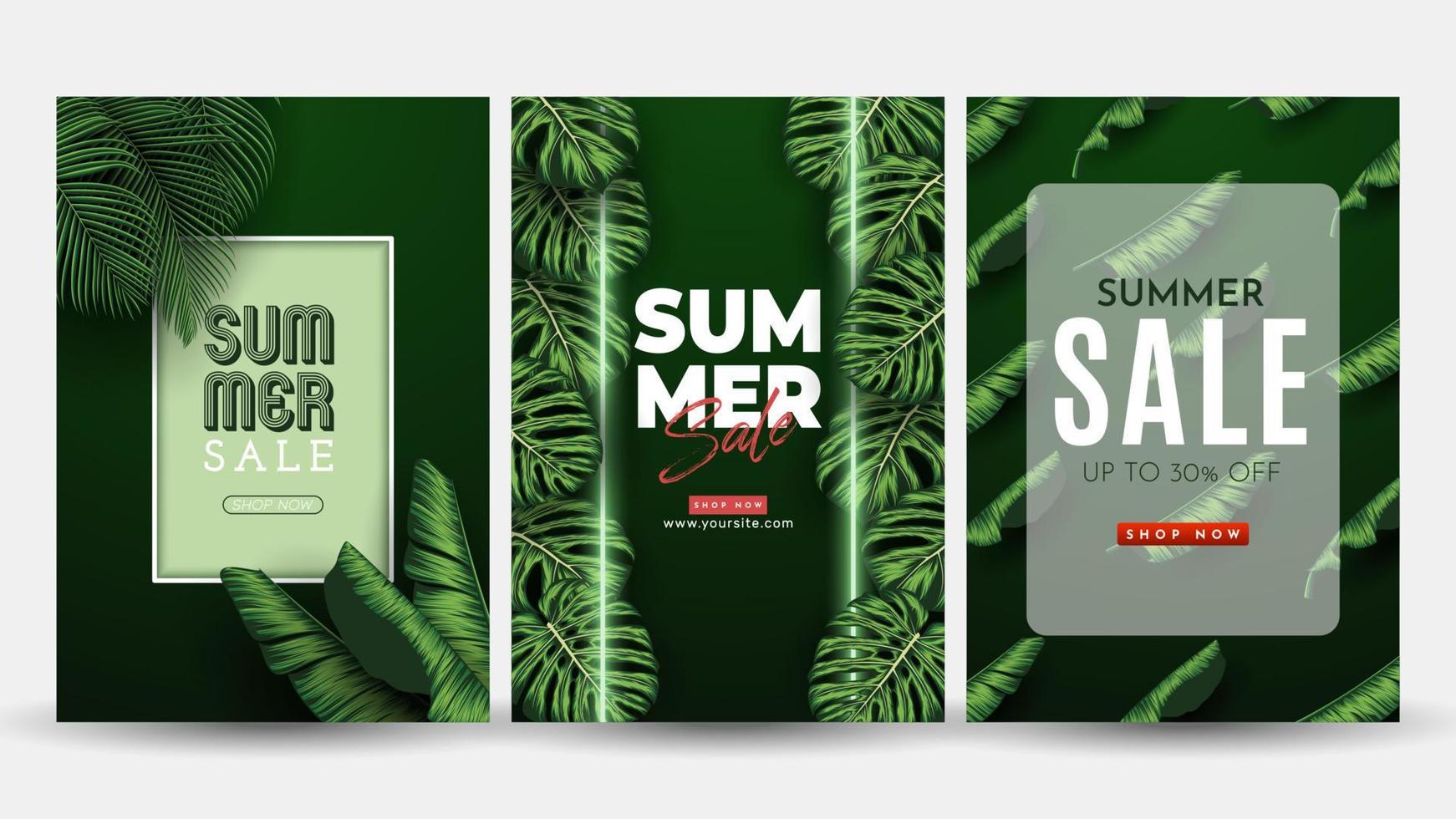 Summer Sale Banner With Tropical Leaves Background. Vector Illustration
