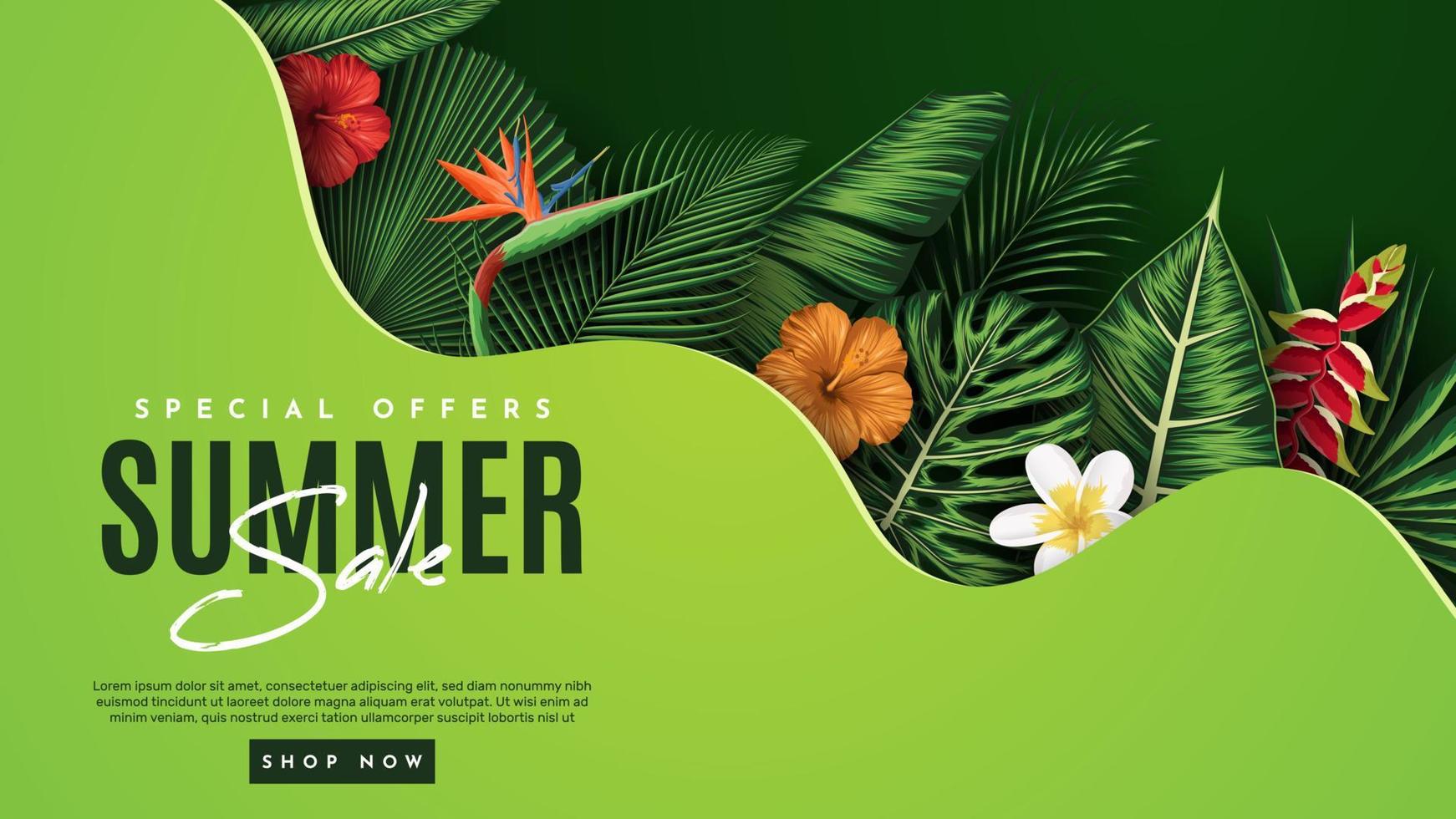 banner de venta de verano con fondo de hojas tropicales. ilustración vectorial vector