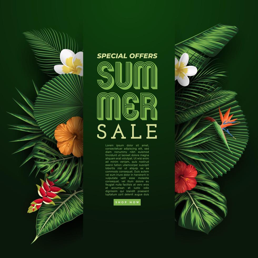 Summer Sale Banner With Tropical Leaves Background. Vector Illustration