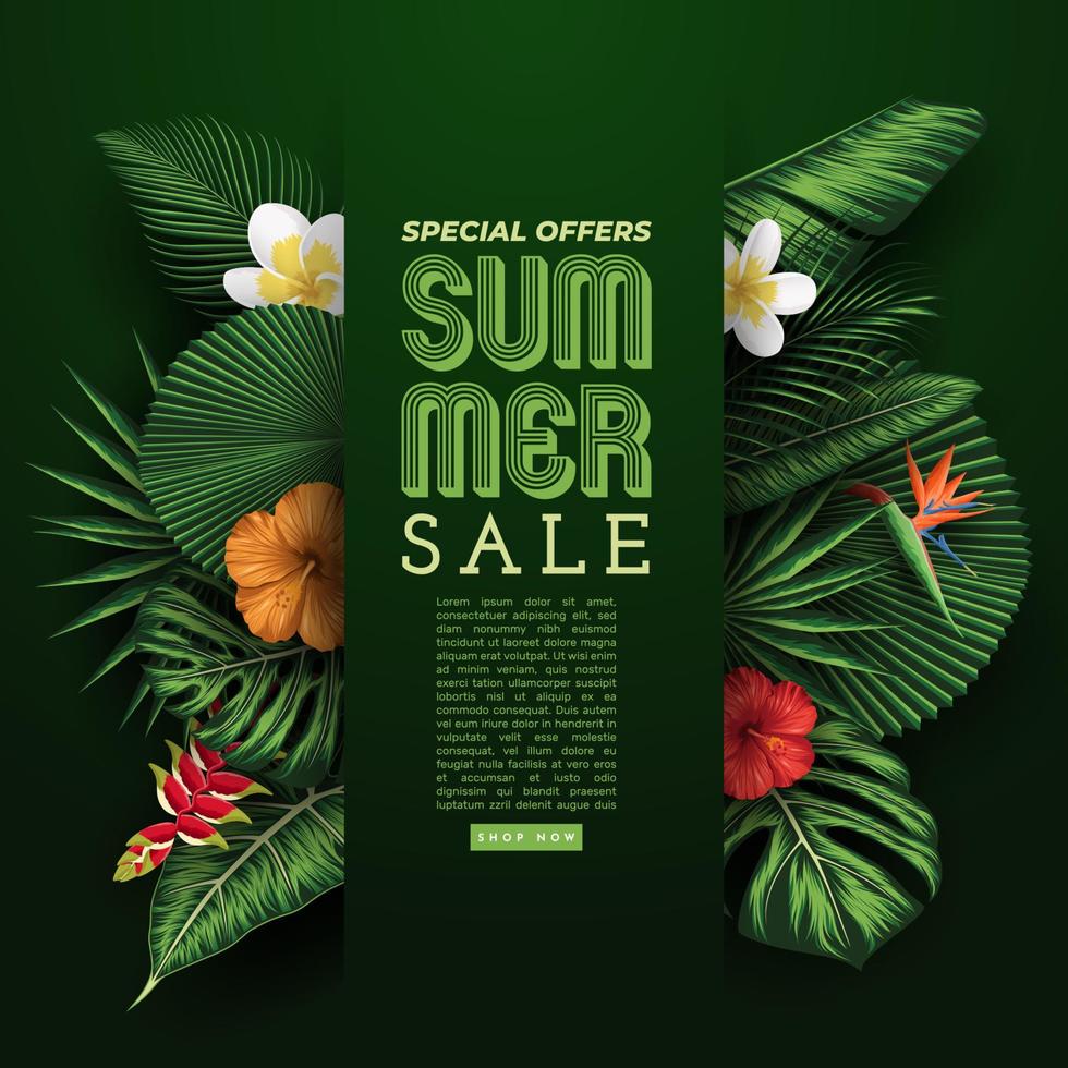 banner de venta de verano con fondo de hojas tropicales. ilustración vectorial vector