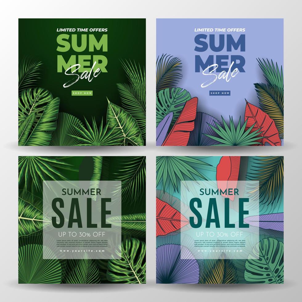 Summer Sale Banner With Tropical Leaves Background. Vector Illustration