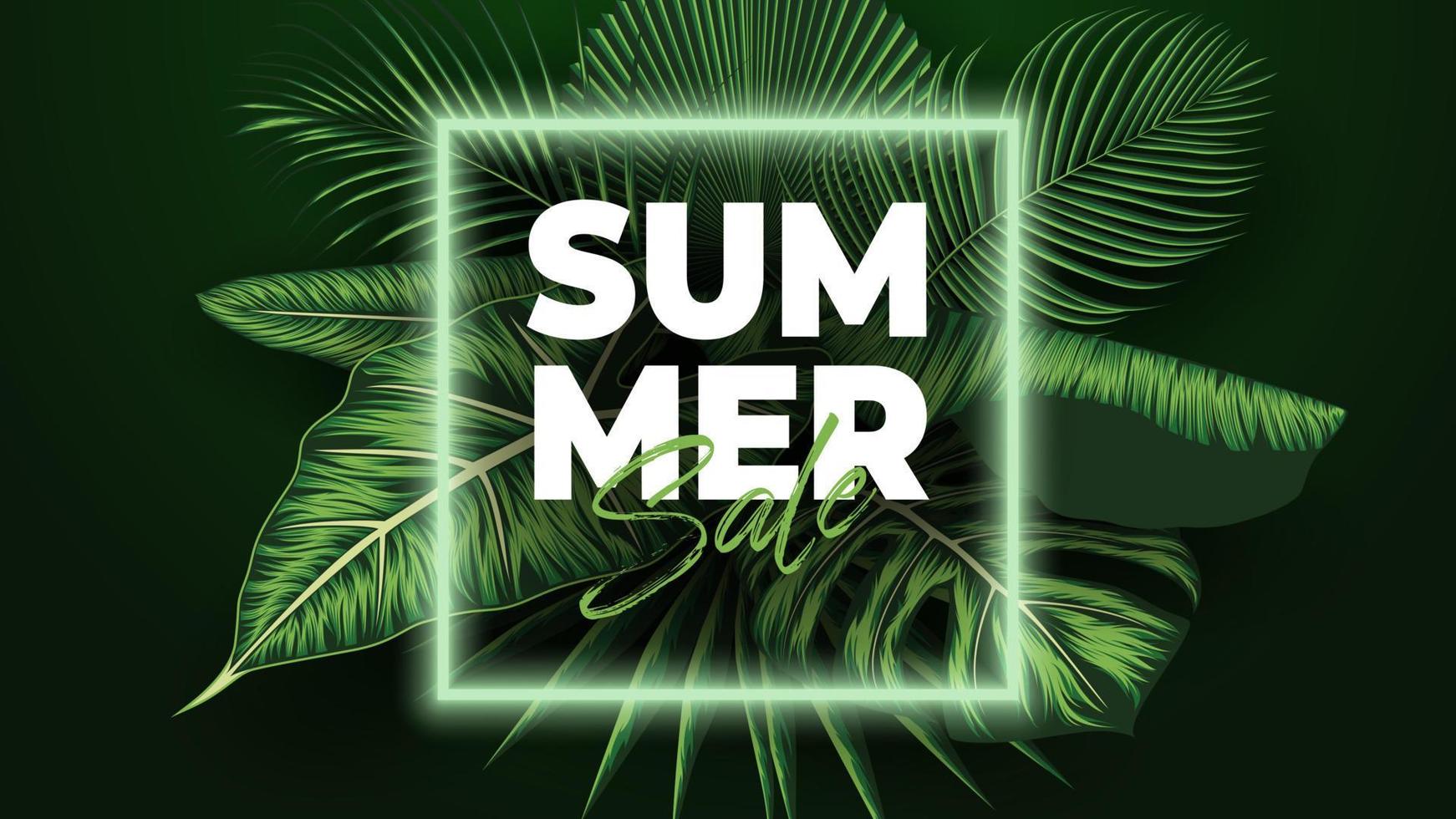 Summer Sale Banner With Tropical Leaves Background. Vector Illustration