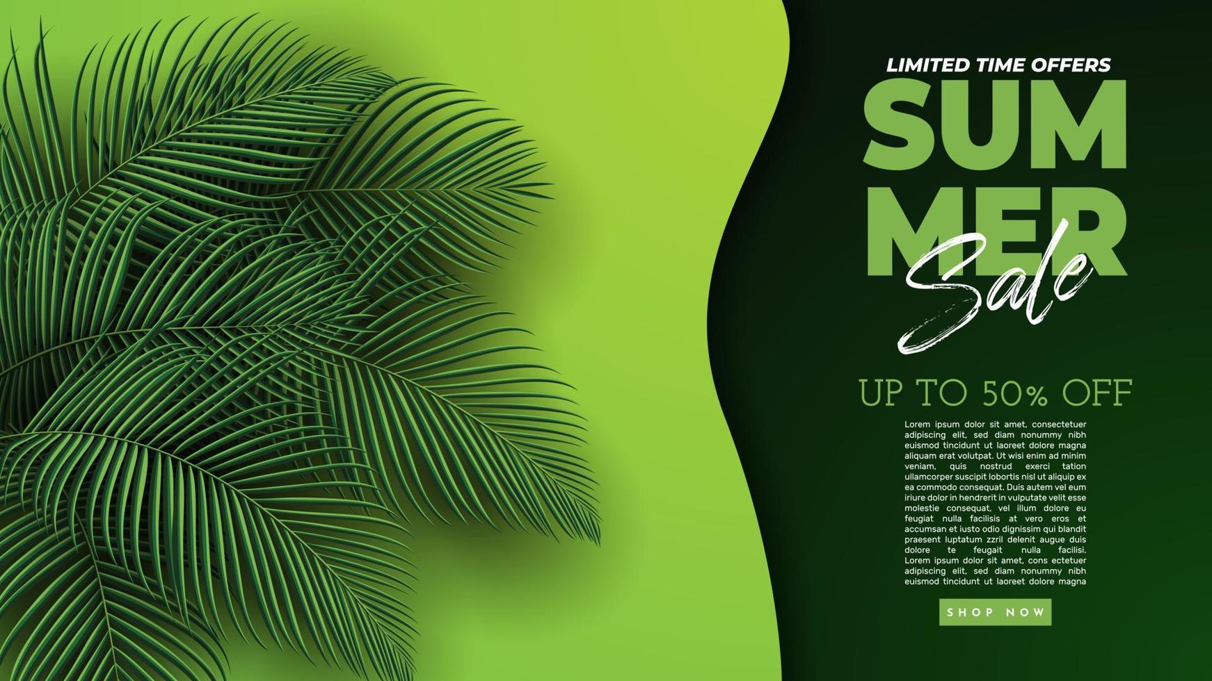 Summer Sale Banner With Tropical Leaves Background. Vector Illustration