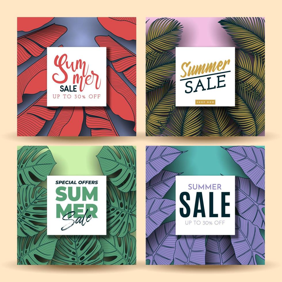 banner de venta de verano con fondo de hojas tropicales. ilustración vectorial vector