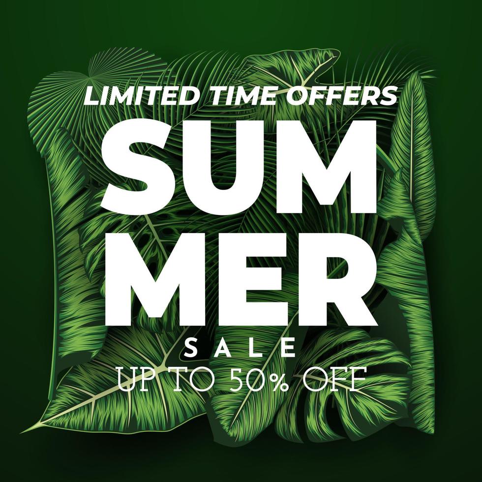 banner de venta de verano con fondo de hojas tropicales. ilustración vectorial vector