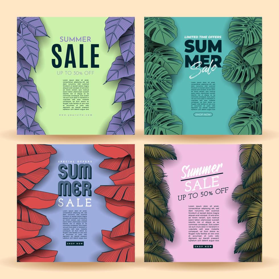 banner de venta de verano con fondo de hojas tropicales. ilustración vectorial vector