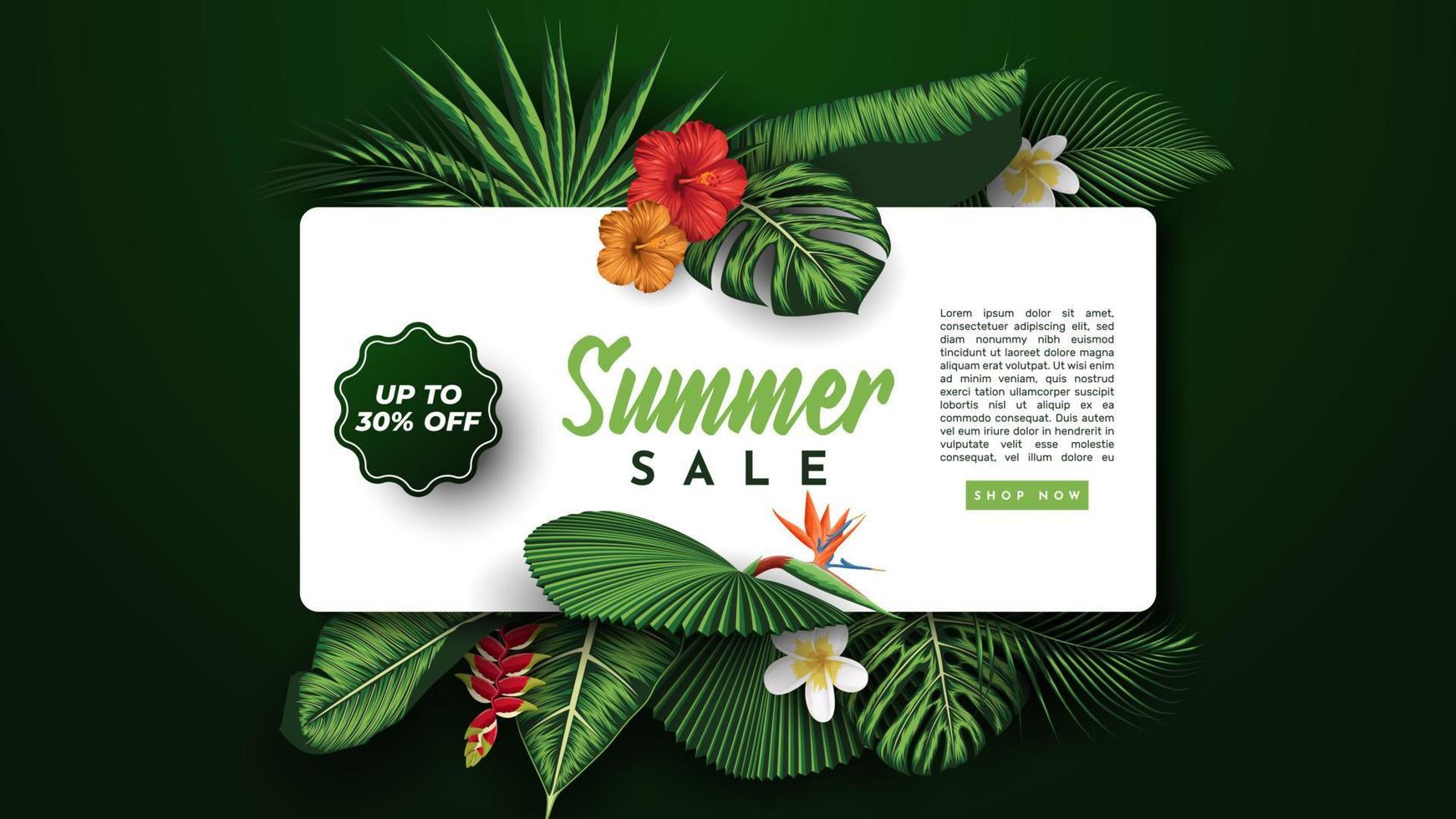 banner de venta de verano con fondo de hojas tropicales. ilustración vectorial vector