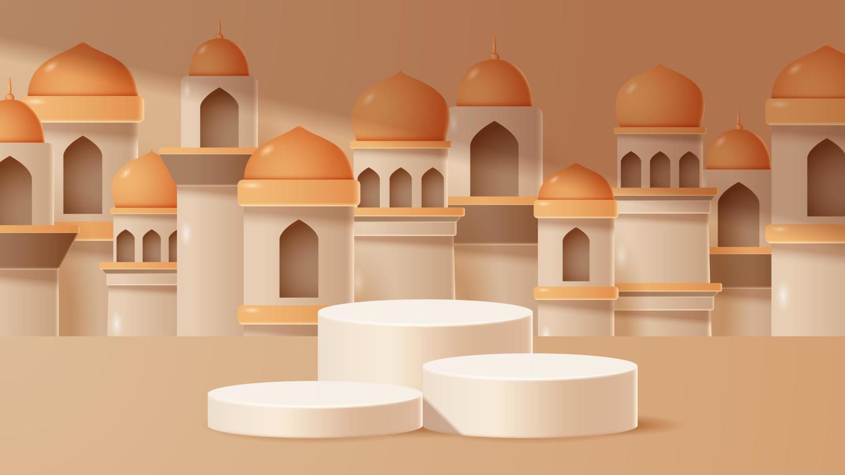 Islamic display podium decoration background with islamic ornament. Vector 3D Illustration