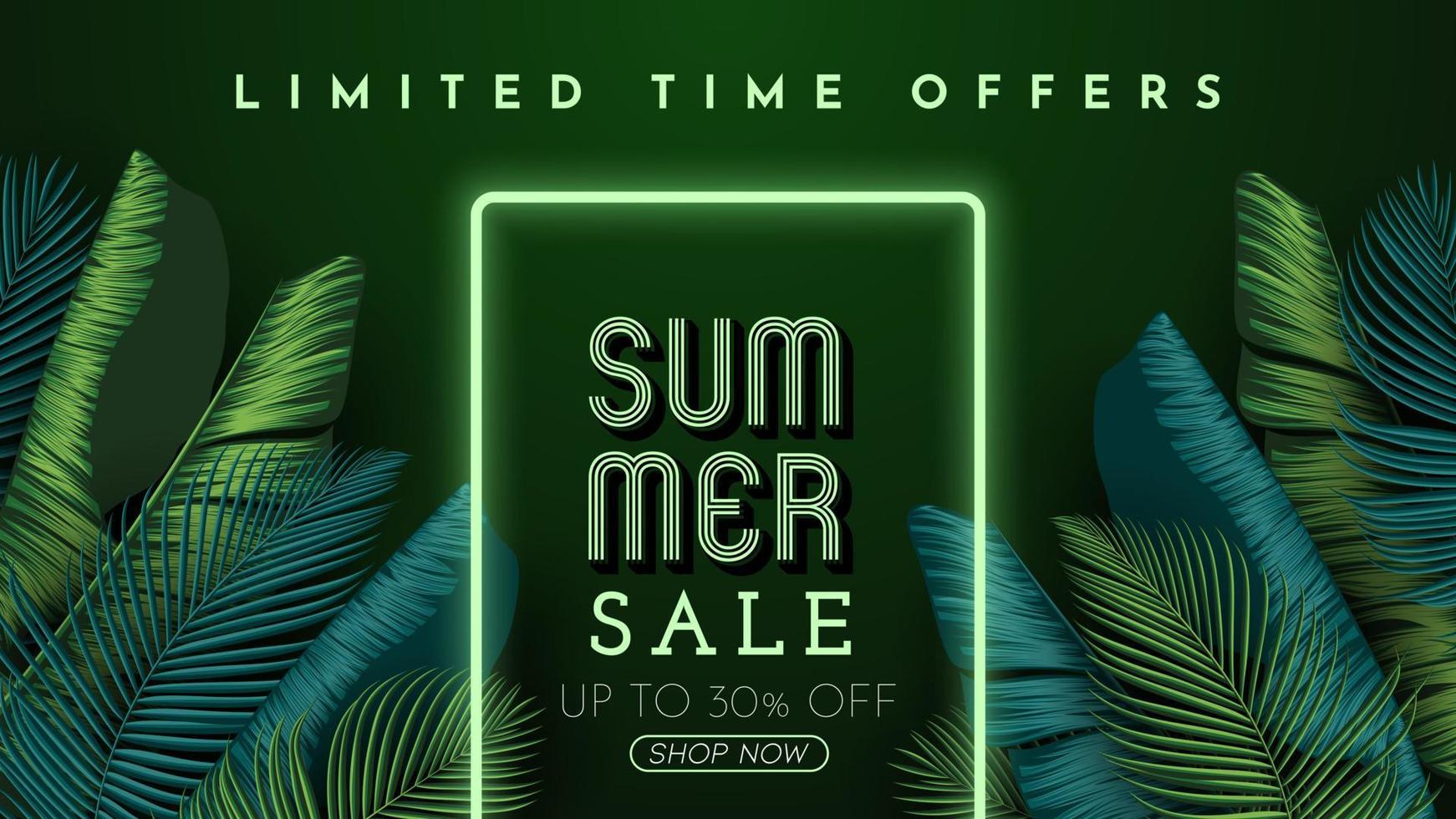 Summer Sale Banner With Tropical Leaves Background. Vector Illustration
