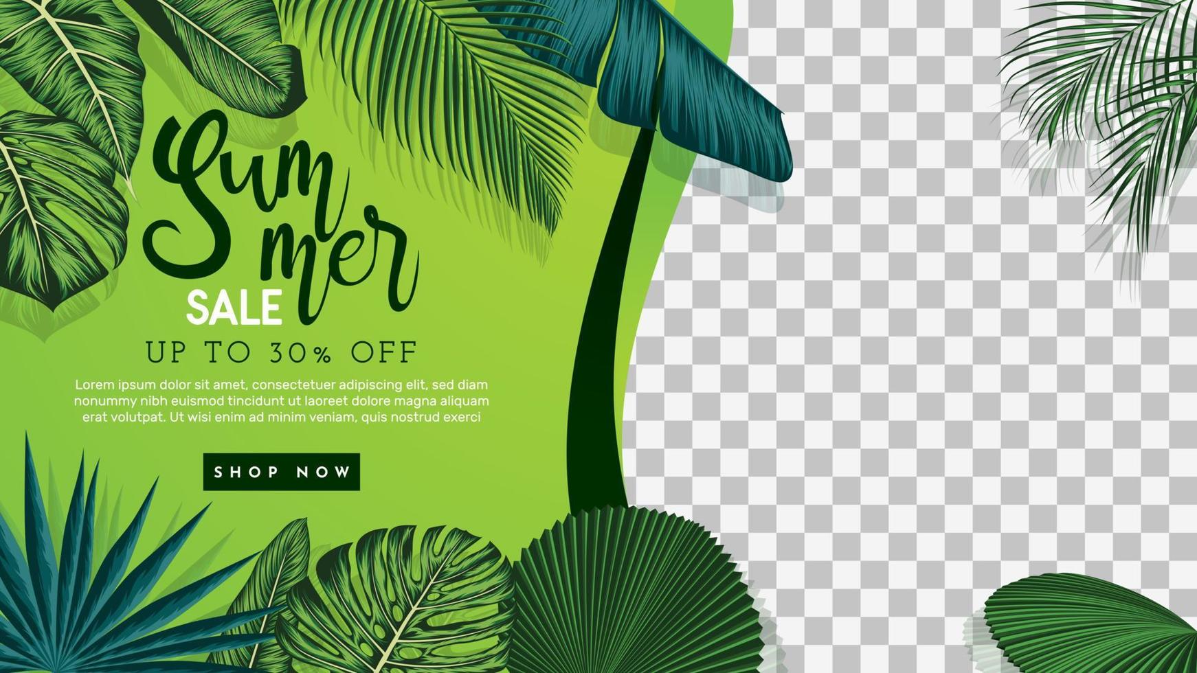 banner de venta de verano con fondo de hojas tropicales. ilustración vectorial vector