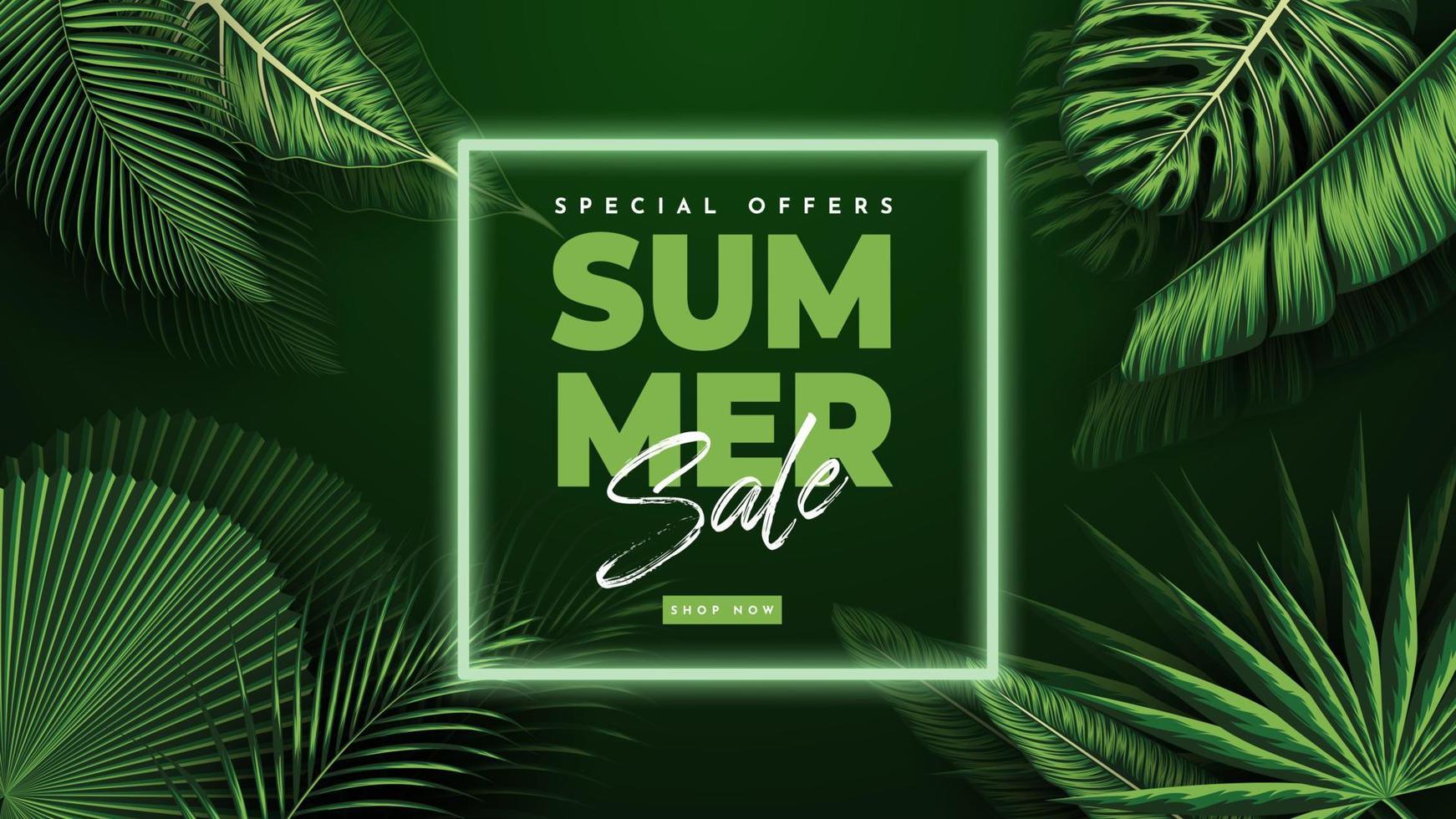 Summer Sale Banner With Tropical Leaves Background. Vector Illustration