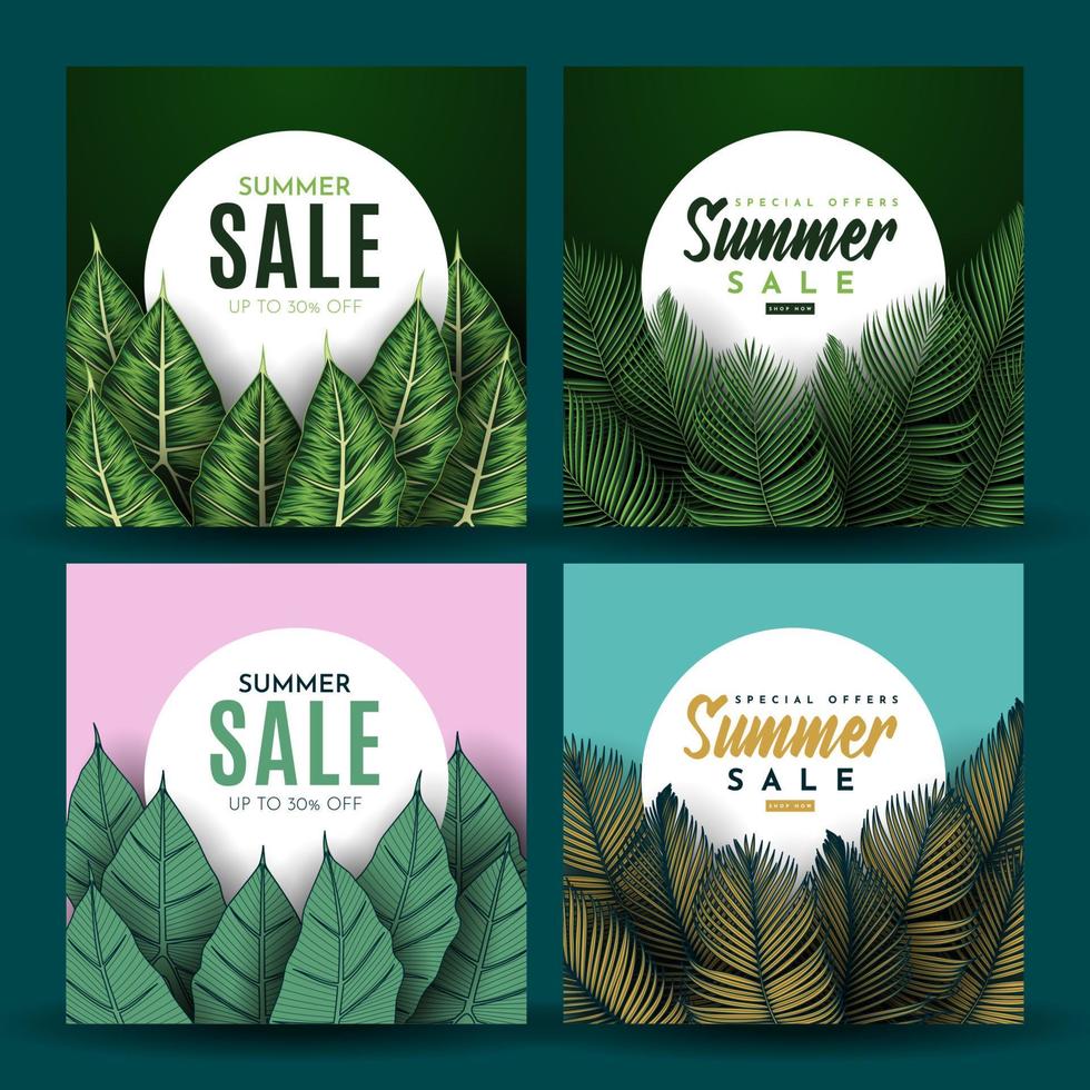 banner de venta de verano con fondo de hojas tropicales. ilustración vectorial vector