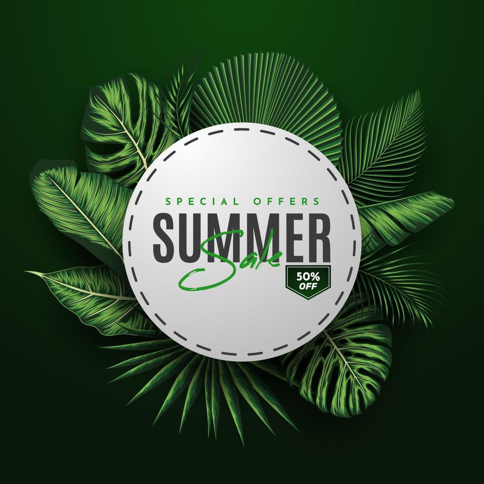 Summer Sale Banner With Tropical Leaves Background. Vector Illustration