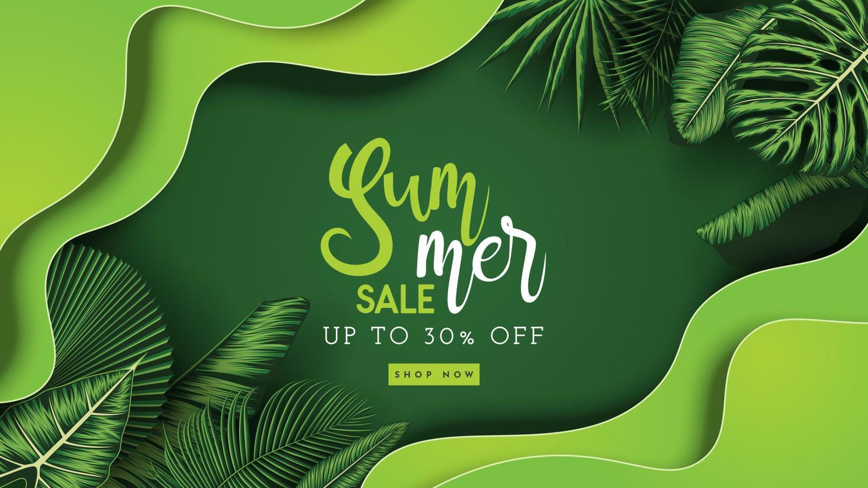 Summer Sale Banner With Tropical Leaves Background. Vector Illustration