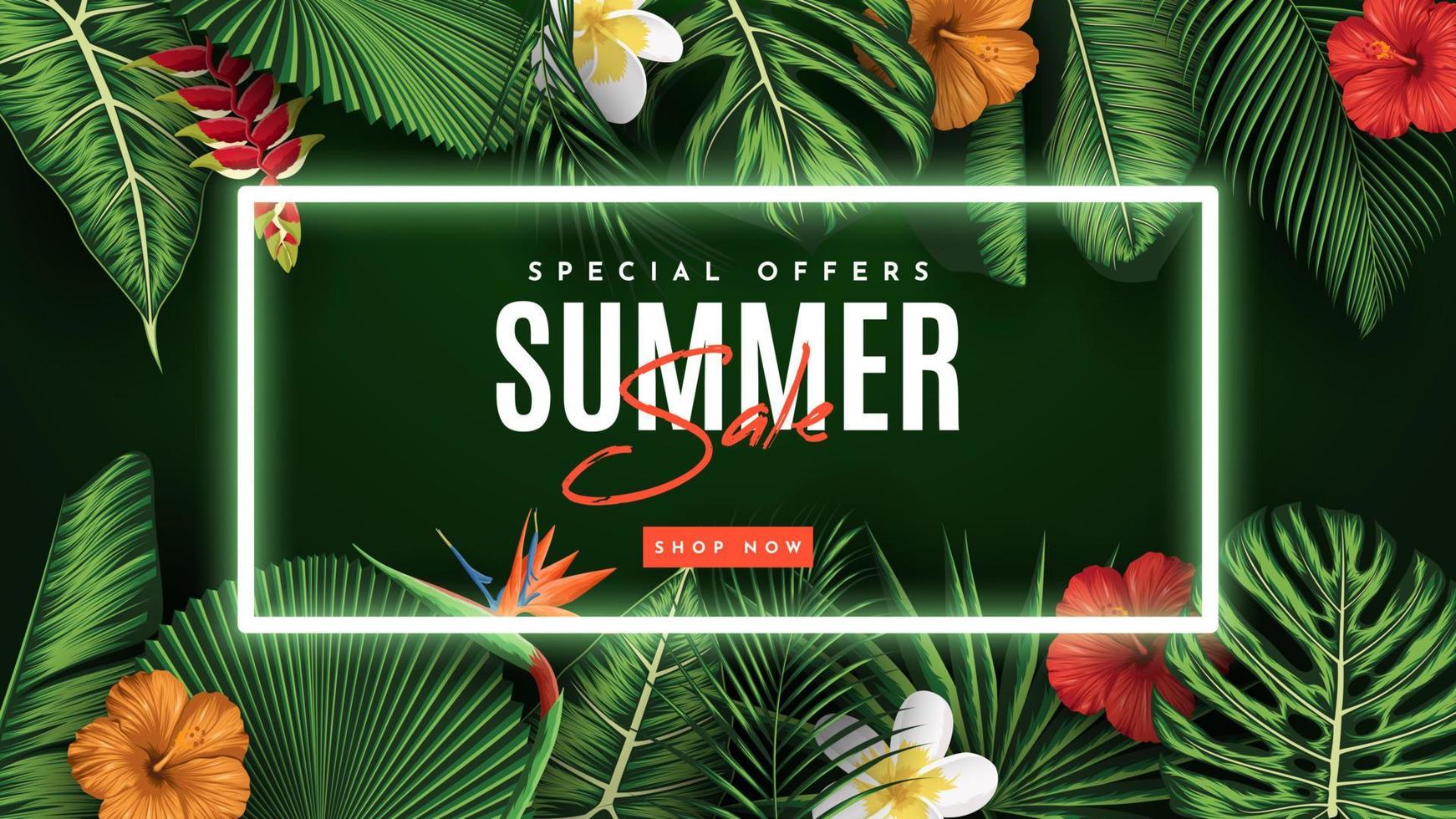 Summer Sale Banner With Tropical Leaves Background. Vector Illustration