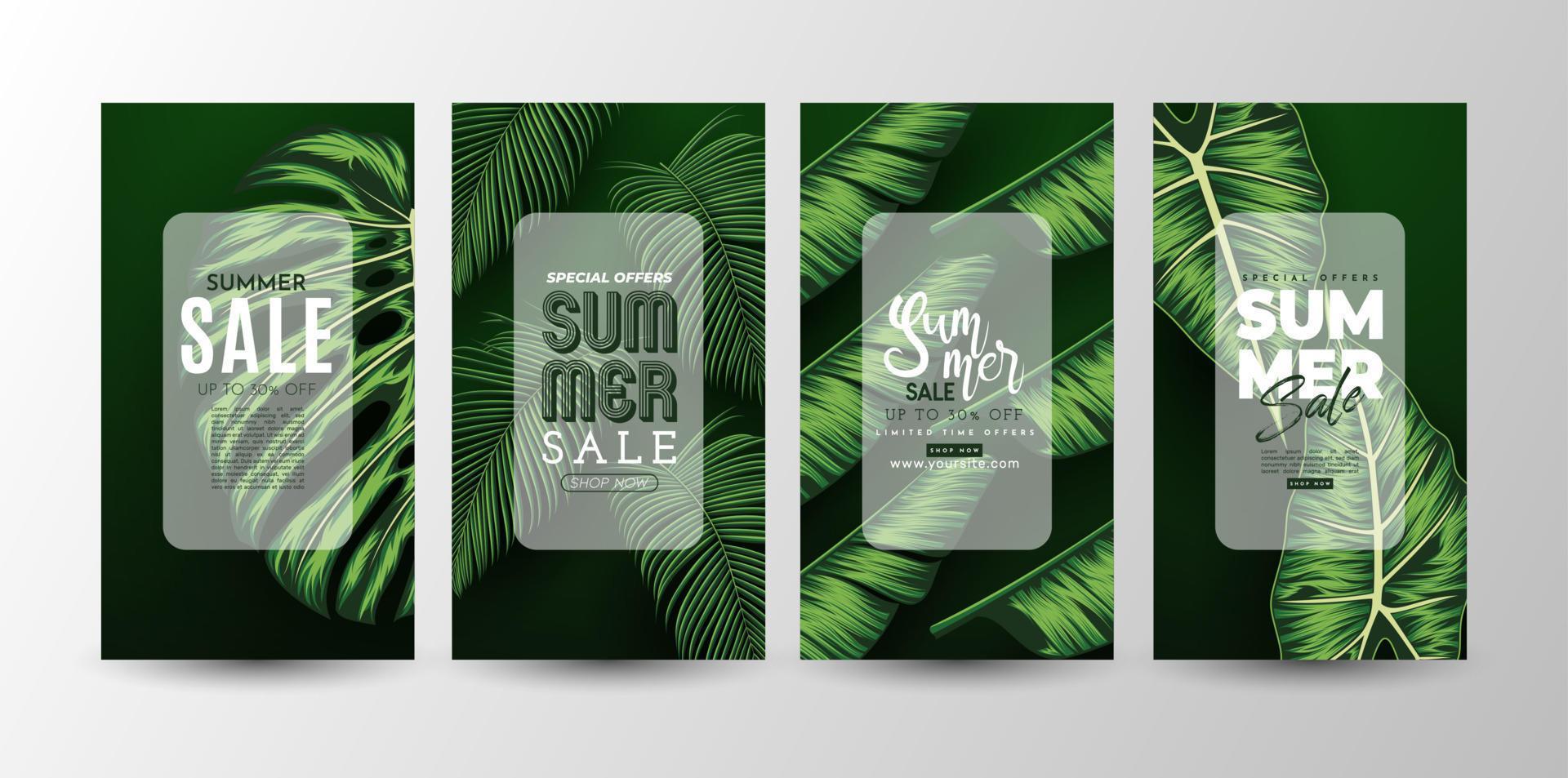 banner de venta de verano con fondo de hojas tropicales. ilustración vectorial vector