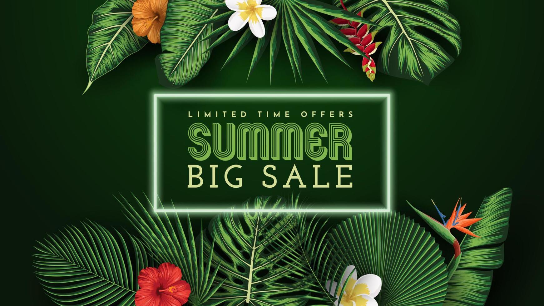 Summer Sale Banner With Tropical Leaves Background. Vector Illustration