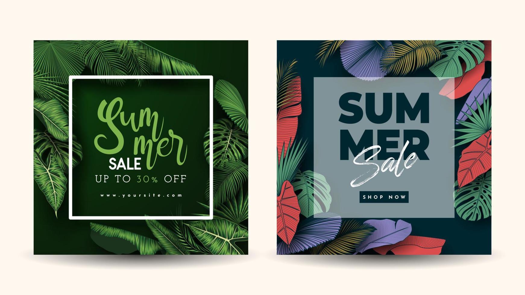 banner de venta de verano con fondo de hojas tropicales. ilustración vectorial vector