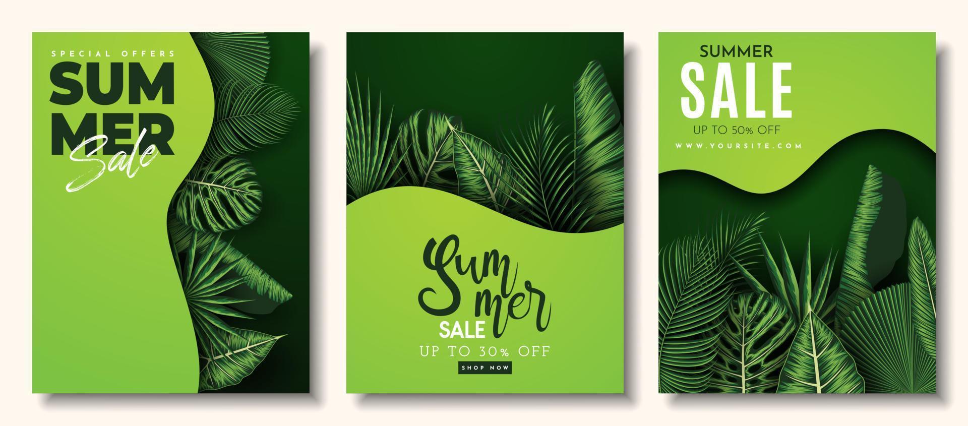 banner de venta de verano con fondo de hojas tropicales. ilustración vectorial vector