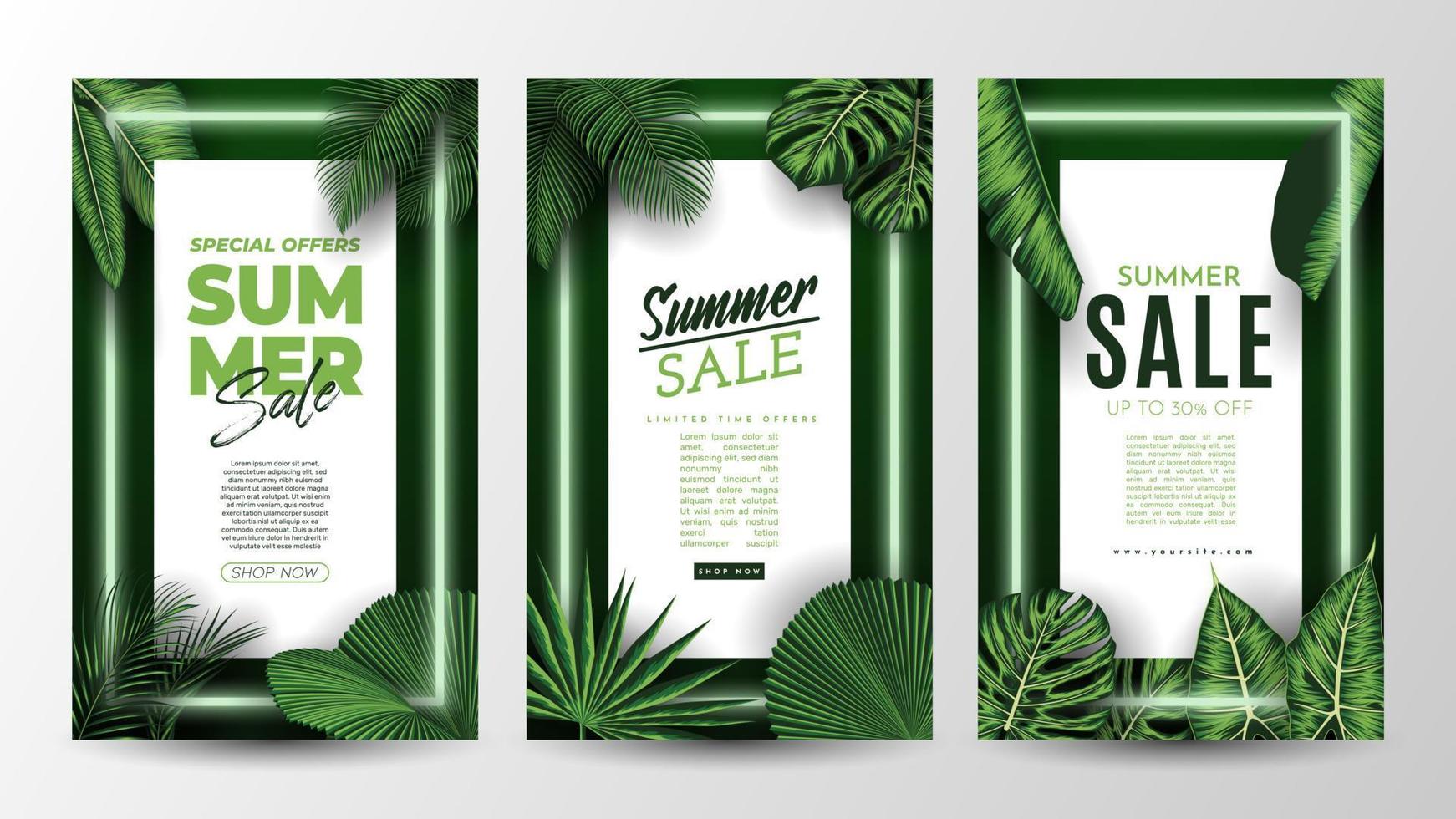 banner de venta de verano con fondo de hojas tropicales. ilustración vectorial vector