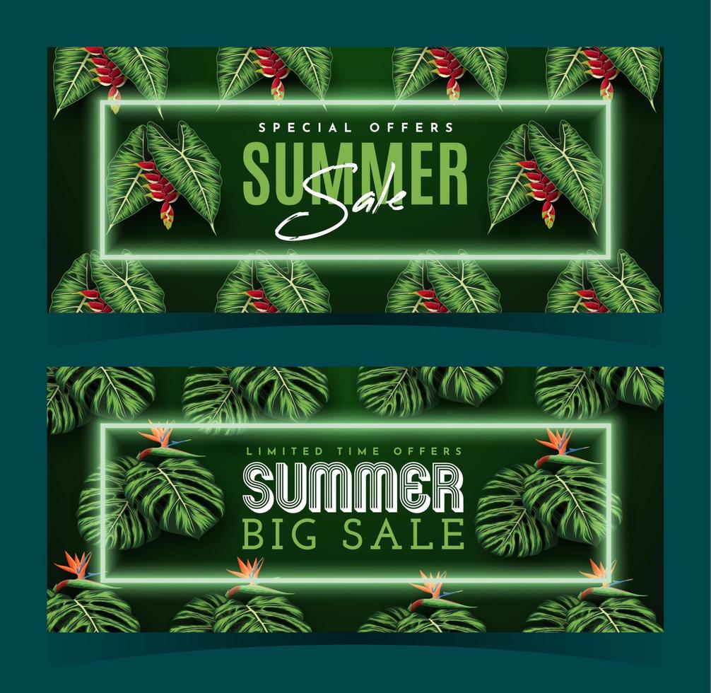 Summer Sale Banner With Tropical Leaves Background. Vector Illustration