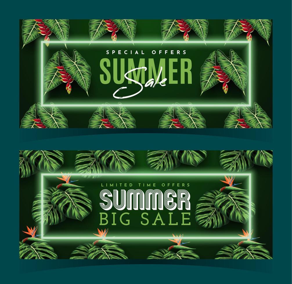 banner de venta de verano con fondo de hojas tropicales. ilustración vectorial vector