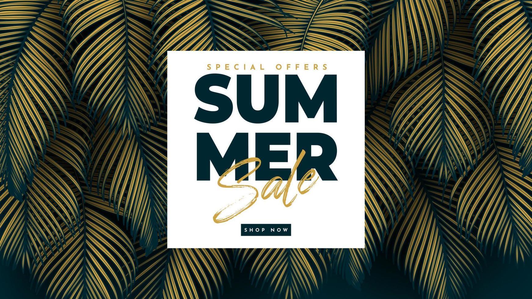 Summer Sale Banner With Tropical Leaves Background. Vector Illustration