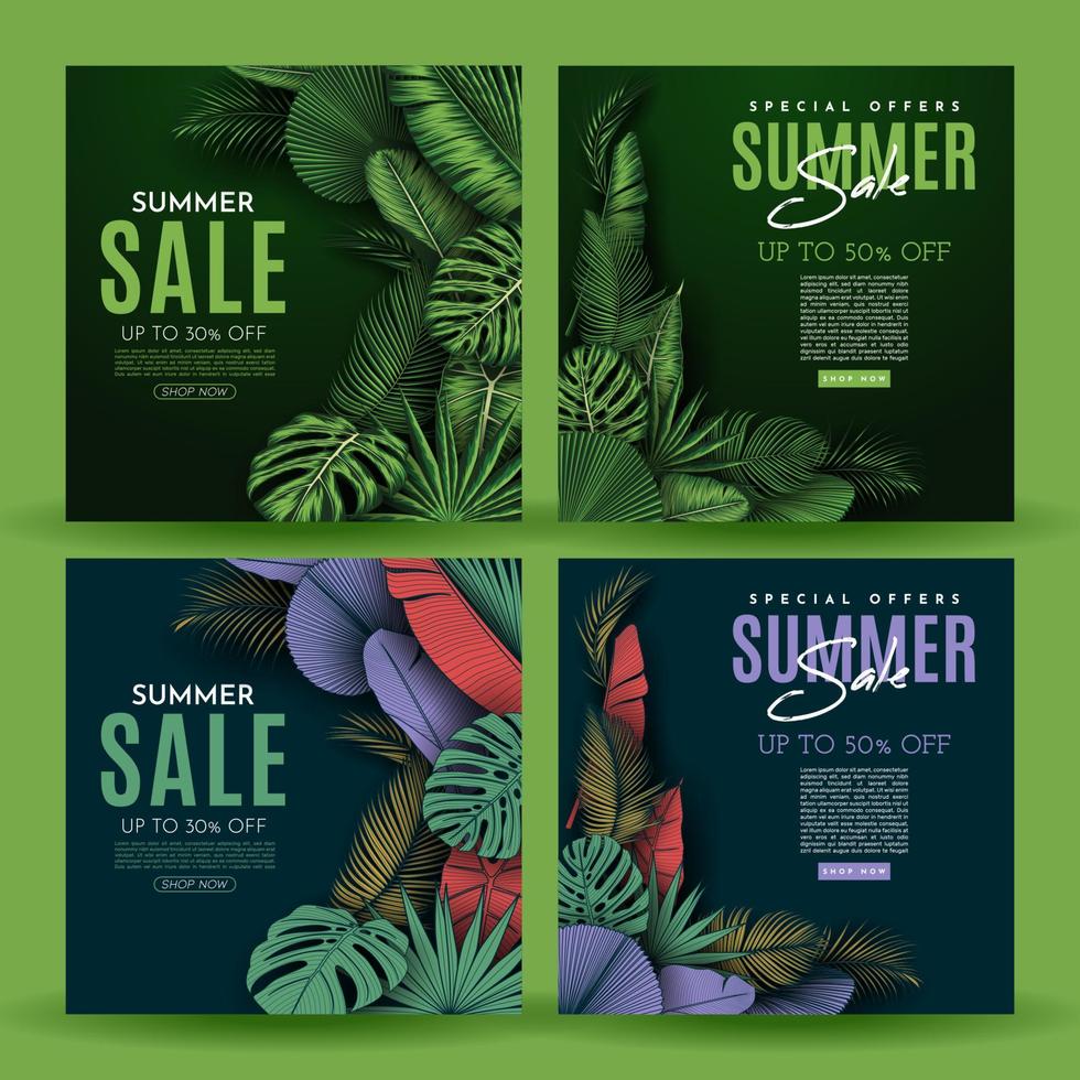 Summer Sale Banner With Tropical Leaves Background. Vector Illustration