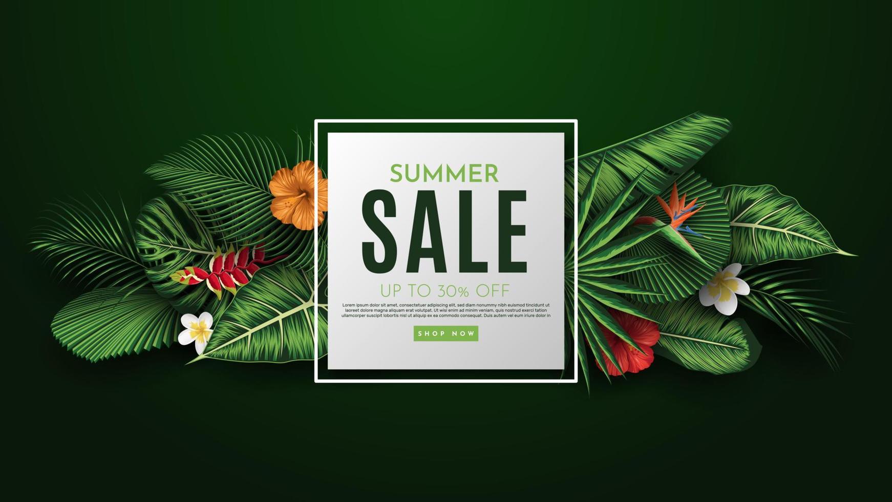 Summer Sale Banner With Tropical Leaves Background. Vector Illustration