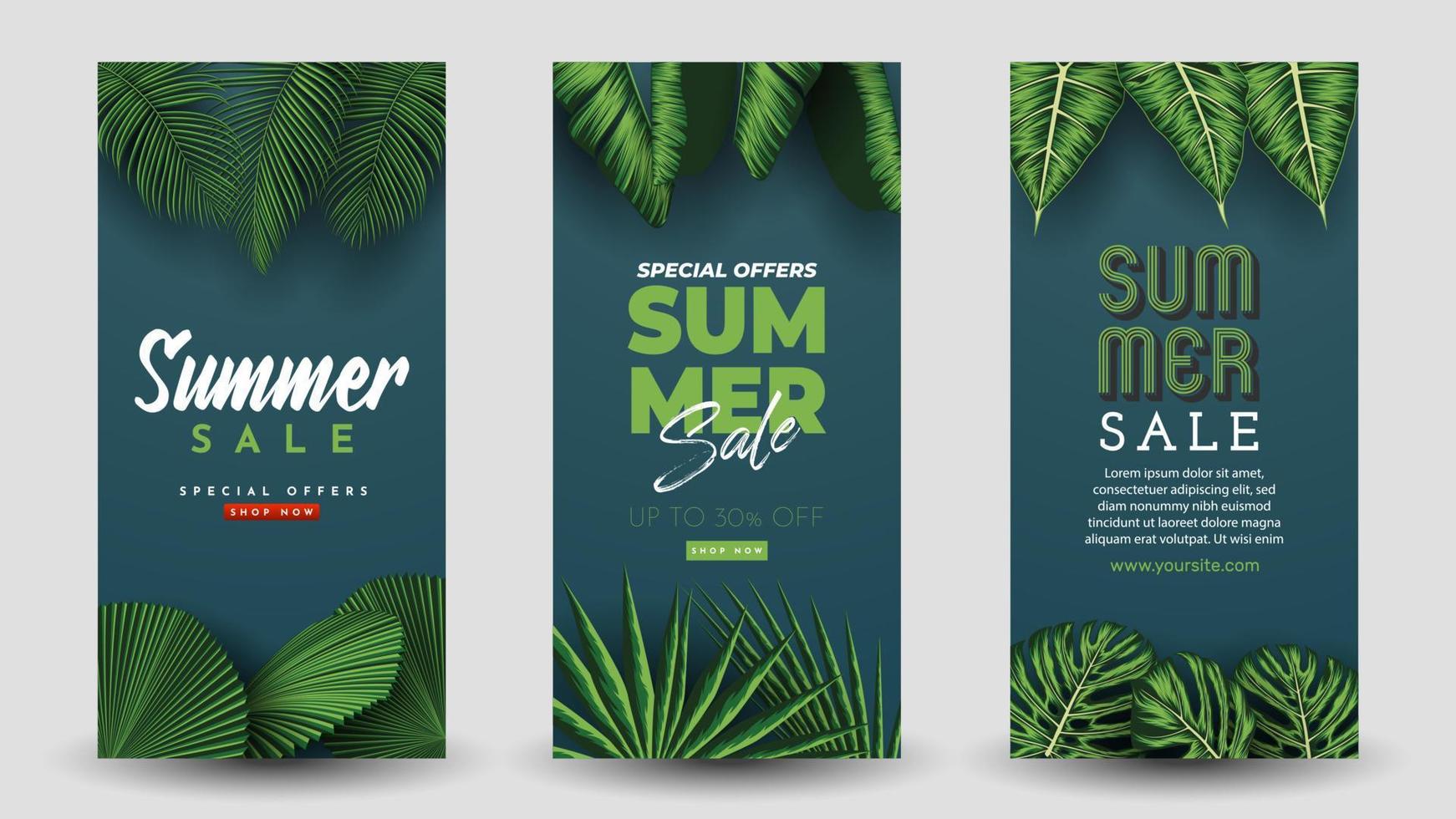 banner de venta de verano con fondo de hojas tropicales. ilustración vectorial vector