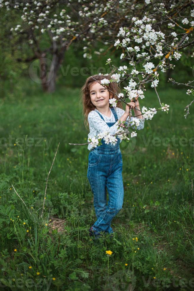 una linda niña de 5 años en un floreciente huerto de manzanas blancas en primavera. primavera, huerta, floración, alergia, fragancia primaveral, ternura, cuidado de la naturaleza. retrato foto